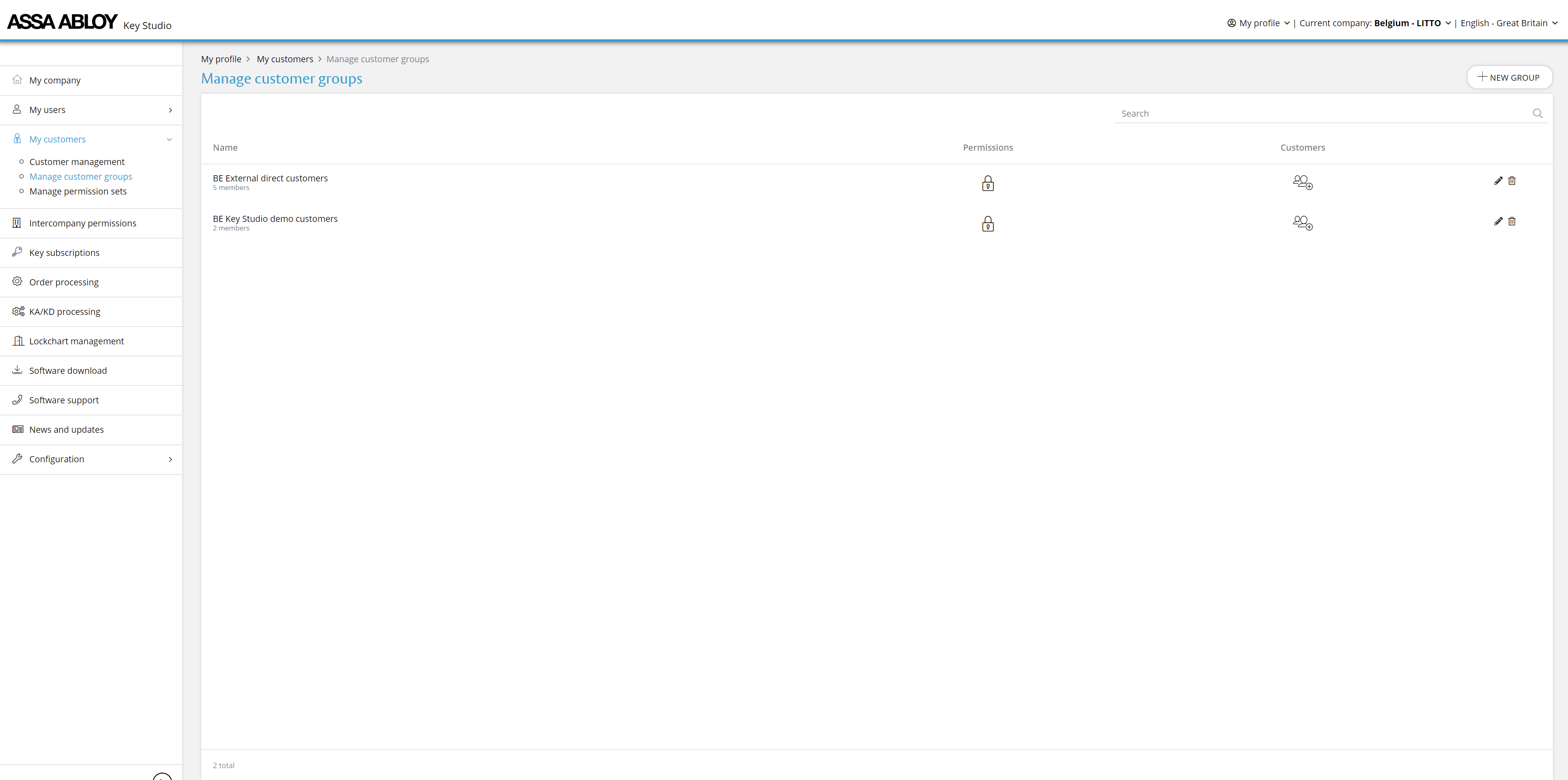 My customers - manage customer groups dashboard